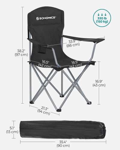 SONGMICS Set of 2 Folding Camping Chairs, Comfortable, Heavy Duty Structure, Max. Load Capacity 330 lb, Outdoor Chair with Cup Holder, for Camping, Garden, Fishing, Terrace, Black UGCB08BK