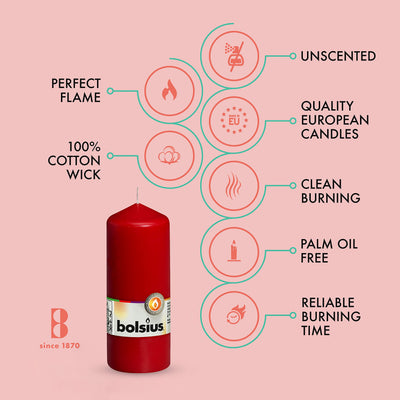 BOLSIUS 10 Red Pillar Candles - 2.25 x 6 Inches - Premium European Quality - Individually Wrapped - 42 Hours Burn Time - Dripless Smokeless Unscented Dinner, Wedding, Party, & Restaurant Candles