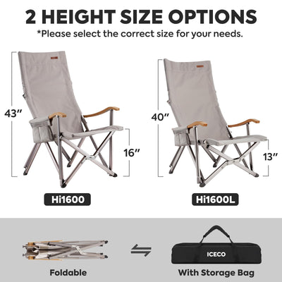 ICECO Hi1600 Folding Camping Chairs for Outside, High-Back Heavy Duty Camping Chair for Adults, Portable Chairs with Shoulder Strap for Outside, Patio, Living Room, 600 LBS, 10 Year Warranty