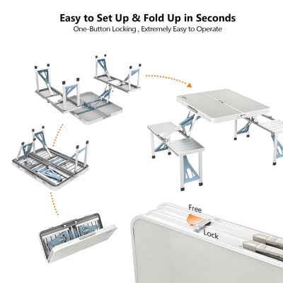 VINGLI 4Ft Folding Camping Picnic Table with Seats/Umbrella Hole-265 Lbs Support That Lightweight and Fold Up Card Suitcase Table Aluminum Alloy Frame, RV Tabletop with Soft Handl