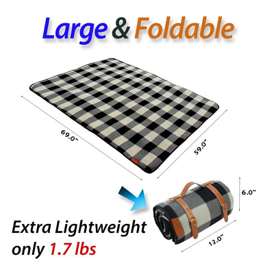 59" x 69" Portable Picnic Blanket, 3 Layer Soft Fleece Blanket for the Beach or Camping on Grass, Waterproof, Sandproof, Black and Gray Checkered