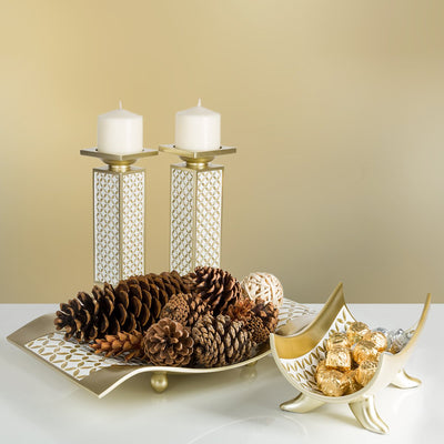 Schonwerk Diamond Lattice Decorative Pillar Candle Holders, Set of 2- Functional Table Decorations- Centerpieces for Dining/Living Room- Best Wedding/Birthday (Gold & White)