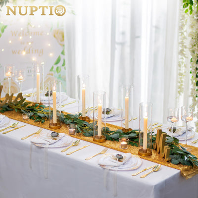 NUPTIO Gold Taper Candle Holders: 2 Pcs Hurricane Metal Candlestick Holder Stand with 11.81 inch Tall Clear Glass Open Ended Cylinder Covers for Tapered Candles Wedding Party Centerpieces for Tables