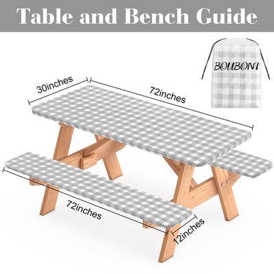 BOUBONI 3 Pcs Set Fitted Picnic Table Cover with Bench Covers Vinyl Camping Table Cloth Flannel Backing Picnic Table Cloth for 6ft Tables Camping Outdoor (Gray Checked, 30 x 72 Inches)