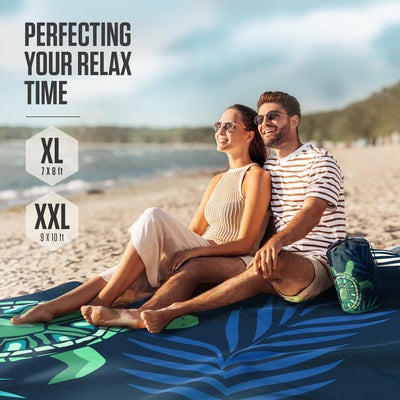 VENTURE 4TH Family-Size Beach Blanket: Sandproof, Waterproof, Lightweight & Compact. Includes Stakes and Carry Bag. 7x8 feet XL Navy Turtle