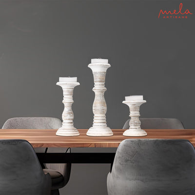 “Jharana II” Candle Holders for Pillar Candles (Distressed White, Set of 3) - Mangowood Candle Stand - Farmhouse Wooden Candle Holders Pillar - Candle Holder Decor for Table Centerpiece - 6”, 9”, 12”