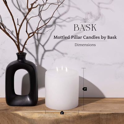 Bask Large Mottled Pillar Candles - Unscented - 6-Inch Diameter for Extra-Wide Holders - 3-Wick Candles for Home and Events - White