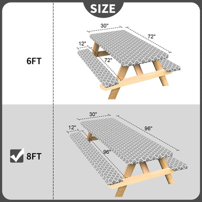 Senneny 3 PCS Fitted Picnic Table Cover with Bench Cover Set and Drawstring Bag, 100% Waterproof Vinyl Tablecloth with Flannel Backing, Lattice Grey Modern Geometric Trellis, 30 × 96 Inch