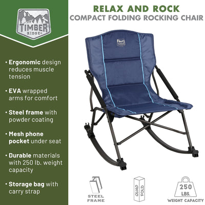 TIMBER RIDGE Folding Rocking Camping Chair with Hard Armrests, Portable Outdoor Rocker for Patio, Garden, Lawn, Supports up to 250 lbs, Blue