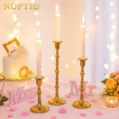 Nuptio Gold Candle Holders Taper Candlestick Holders Tall Thin Candle Sticks Candleholders Modern Metal Candle Holder for Wedding Gift Housewarming Gift Friendship Gifts Set of 3