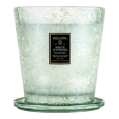 Voluspa White Cypress Candle | 3 Wick Glass Boxed Hearth | 38 Oz. | Natural Wicks and Coconut Wax for Cleaner Burning