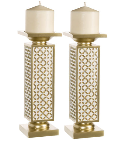 Schonwerk Diamond Lattice Decorative Pillar Candle Holders, Set of 2- Functional Table Decorations- Centerpieces for Dining/Living Room- Best Wedding/Birthday (Gold & White)