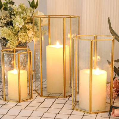 Glass Hurricane Candle Holder, Set of 3 Large Clear Hexagon Lanterns Pillar Candle Lantern with Gold Metal Frame Wedding Centerpiece Table Decor Home Decorations