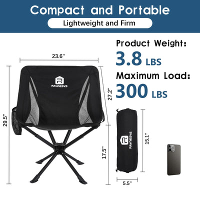 Raynesys Portable Camping Chair, 360° Swivel Lawn Chair, 8 Seconds Quick Setup Folding Chair, 3.8Lb Lightweight Camping Chair for Easy Carry to Hiking, Camping, Sport, Travel, Beach, 1 Pack