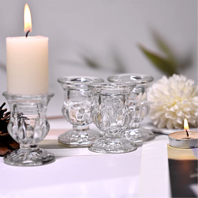 Set of 24 Glass Taper Candle Holders, 2.5 Inches Candlestick Holders Bulk - Clear Thick Glass Candle Holder for Rustic Wedding Centerpieces, Party Supplies, Festival Decoration