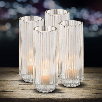 Serene Spaces Living Set of 12 Clear Glass Candle Holder, Decorative Slim Ribbed Votive Holder Centerpiece for Wedding, Christmas, Thanksgiving, Living Room, Home Décor, 2.25" Diameter & 6.25" Tall