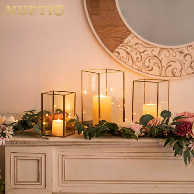 Nuptio Glass Hurricane Candle Holder Set of 3 Gold Pillar Candle Holders Large Rectangular Candleholder Table Centerpieces Decoration for Wedding Christmas Holiday Home Ornaments 9.5 & 8.1 & 6.5 inch