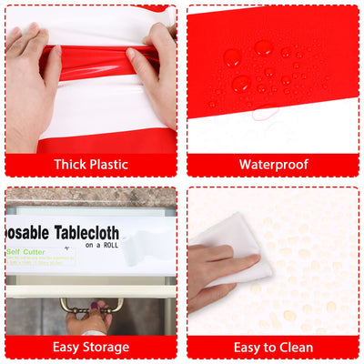 Red and White Striped Tablecloth Roll 52 in x 100 Ft with Slide Cutter Circus Carnival Party Supplies Plastic Picnic Party Table Cover for Indoor Outdoor Events Family Banquet Parties and Celebrations