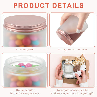 Tioncy 8 oz 250 ml Frosted Glass Jars with Metal Rose Gold Lids Round Thick Candle Making Jars Mason Canning Jar Bulk Empty Food Storage Container for Honey Cosmetic Vanilla Liquid(12 Pcs)
