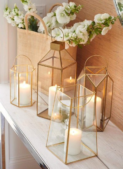 Serene Spaces Living Large Gold Decorative Hurricane Lantern Candle Holder with Glass Panels, 16" Tall, Set of 4