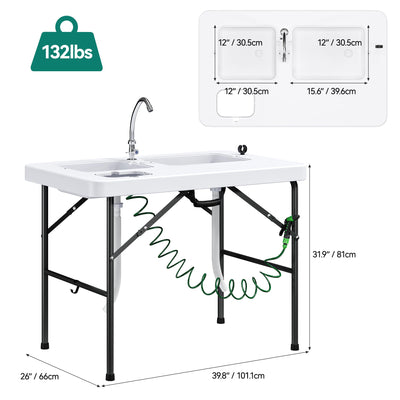 Yitahome Fish Cleaning Table with Deep Sinks & Sprayer 40" Portable Fish Cleaning Table w/Water Hose Hookup & Faucet, Folding Camping Sink Table Ideal for Picnic Fishing, White