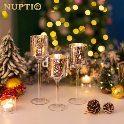 Nuptio Glass Tealight Candle Holder 6 Pcs Tea Light Holders for Floating Pillar Candles Bulk Mercury Speckled Silver Pillar Candle Holder Long Stem Living Room Dinning Wedding Birthday Christmas