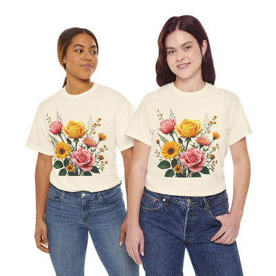 Wildflowers and Pink & Yellow Roses, Graphic T-Shirts for Women, Floral Shirt, Womens Short Sleeve, Ladies Graphic Tees #5146TTS