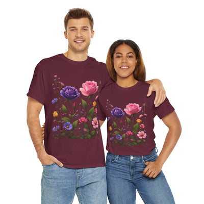 Wildflowers and Pink/Violet Roses, Graphic T-Shirts for Women, Floral Shirt, Womens Short Sleeve, Ladies Graphic Tees #5101TTS