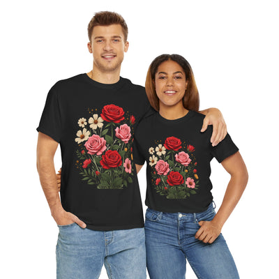 Wildflowers and Pink & Red Roses, Graphic T-Shirts for Women, Floral Shirt, Womens Short Sleeve, Ladies Graphic Tees #5134TTS