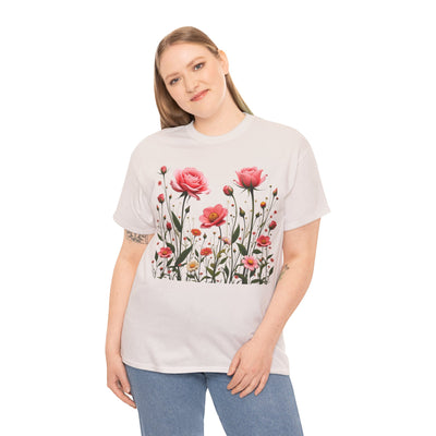 Wildflowers and Pink Roses, Graphic T-Shirts for Women, Floral Shirt, Womens Short Sleeve, Ladies Graphic Tees #5022TTS