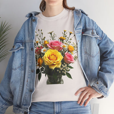 Wildflowers and Pink & Yellow Roses, Graphic T-Shirts for Women, Floral Shirt, Womens Short Sleeve, Ladies Graphic Tees #5143TTS