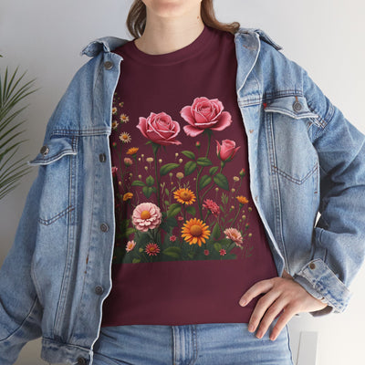 Wildflowers and Pink Roses, Graphic T-Shirts for Women, Floral Shirt, Womens Short Sleeve, Ladies Graphic Tees #5013TTS