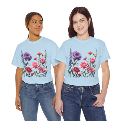 Wildflowers and Pink/Violet Roses, Graphic T-Shirts for Women, Floral Shirt, Womens Short Sleeve, Ladies Graphic Tees #5100TTS