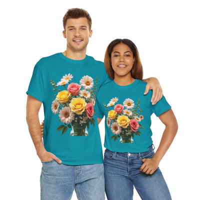 Wildflowers and Pink & Yellow Roses, Graphic T-Shirts for Women, Floral Shirt, Womens Short Sleeve, Ladies Graphic Tees #5136TTS
