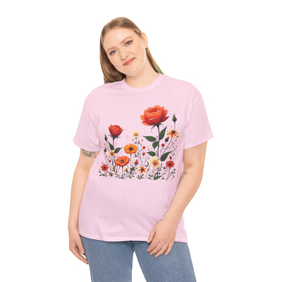 Wildflowers and Orange Roses, Graphic T-Shirts for Women, Floral Shirt, Womens Short Sleeve, Ladies Graphic Tees #5043TTS