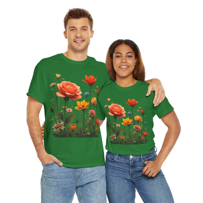 Wildflowers and Orange Roses, Graphic T-Shirts for Women, Floral Shirt, Womens Short Sleeve, Ladies Graphic Tees #5044TTS