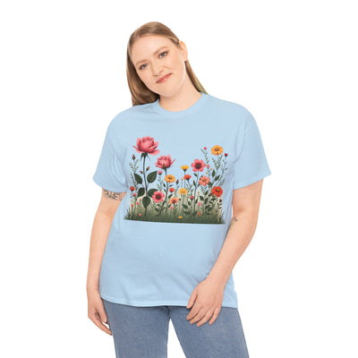 Wildflowers and Pink Roses, Graphic T-Shirts for Women, Floral Shirt, Womens Short Sleeve, Ladies Graphic Tees #5020TTS
