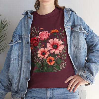 Wildflowers and Pink & Red Roses, Graphic T-Shirts for Women, Floral Shirt, Womens Short Sleeve, Ladies Graphic Tees #5133TTS