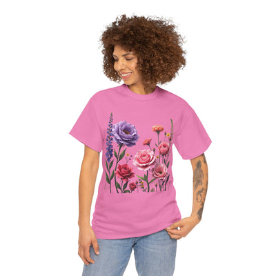 Wildflowers and Pink/Violet Roses, Graphic T-Shirts for Women, Floral Shirt, Womens Short Sleeve, Ladies Graphic Tees #5100TTS