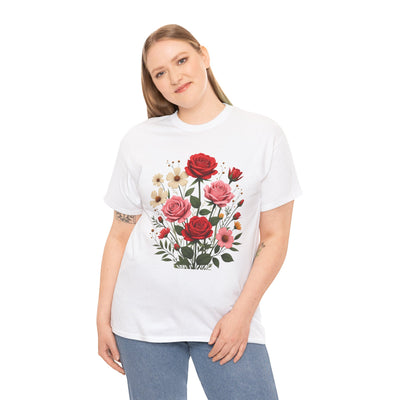 Wildflowers and Pink & Red Roses, Graphic T-Shirts for Women, Floral Shirt, Womens Short Sleeve, Ladies Graphic Tees #5134TTS