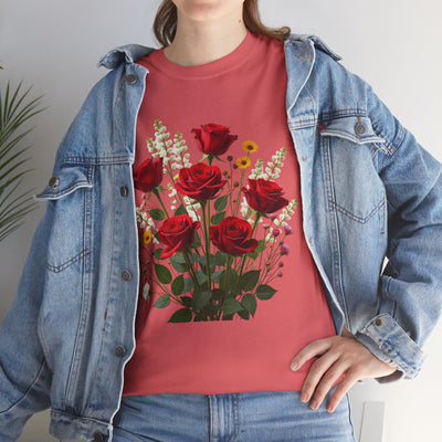 Wildflowers and Red Roses, Graphic T-Shirts for Women, Floral Shirt, Womens Short Sleeve, Ladies Graphic Tees #5128TTS