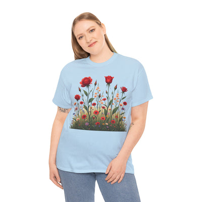 Wildflowers and Red Roses, Graphic T-Shirts for Women, Floral Shirt, Womens Short Sleeve, Ladies Graphic Tees #5032TTS