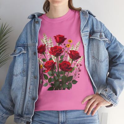 Wildflowers and Red Roses, Graphic T-Shirts for Women, Floral Shirt, Womens Short Sleeve, Ladies Graphic Tees #5128TTS
