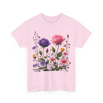 Wildflowers and Pink/Violet Roses, Graphic T-Shirts for Women, Floral Shirt, Womens Short Sleeve, Ladies Graphic Tees #5101TTS