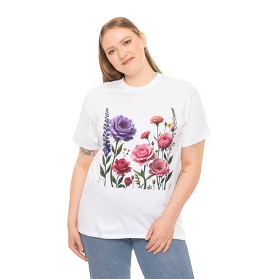 Wildflowers and Pink/Violet Roses, Graphic T-Shirts for Women, Floral Shirt, Womens Short Sleeve, Ladies Graphic Tees #5100TTS