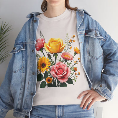 Wildflowers and Pink & Yellow Roses, Graphic T-Shirts for Women, Floral Shirt, Womens Short Sleeve, Ladies Graphic Tees #5146TTS