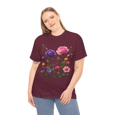 Wildflowers and Pink/Violet Roses, Graphic T-Shirts for Women, Floral Shirt, Womens Short Sleeve, Ladies Graphic Tees #5101TTS
