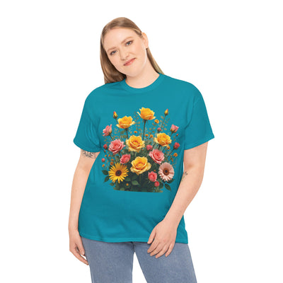 Wildflowers and Pink & Yellow Roses, Graphic T-Shirts for Women, Floral Shirt, Womens Short Sleeve, Ladies Graphic Tees #5141TTS