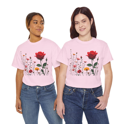 Wildflowers and a Red Rose, Graphic T-Shirts for Women, Floral Shirt, Womens Short Sleeve, Ladies Graphic Tees #5006TTS