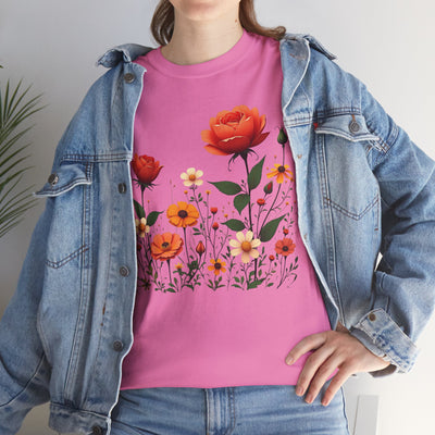 Wildflowers and Orange Roses, Graphic T-Shirts for Women, Floral Shirt, Womens Short Sleeve, Ladies Graphic Tees #5043TTS